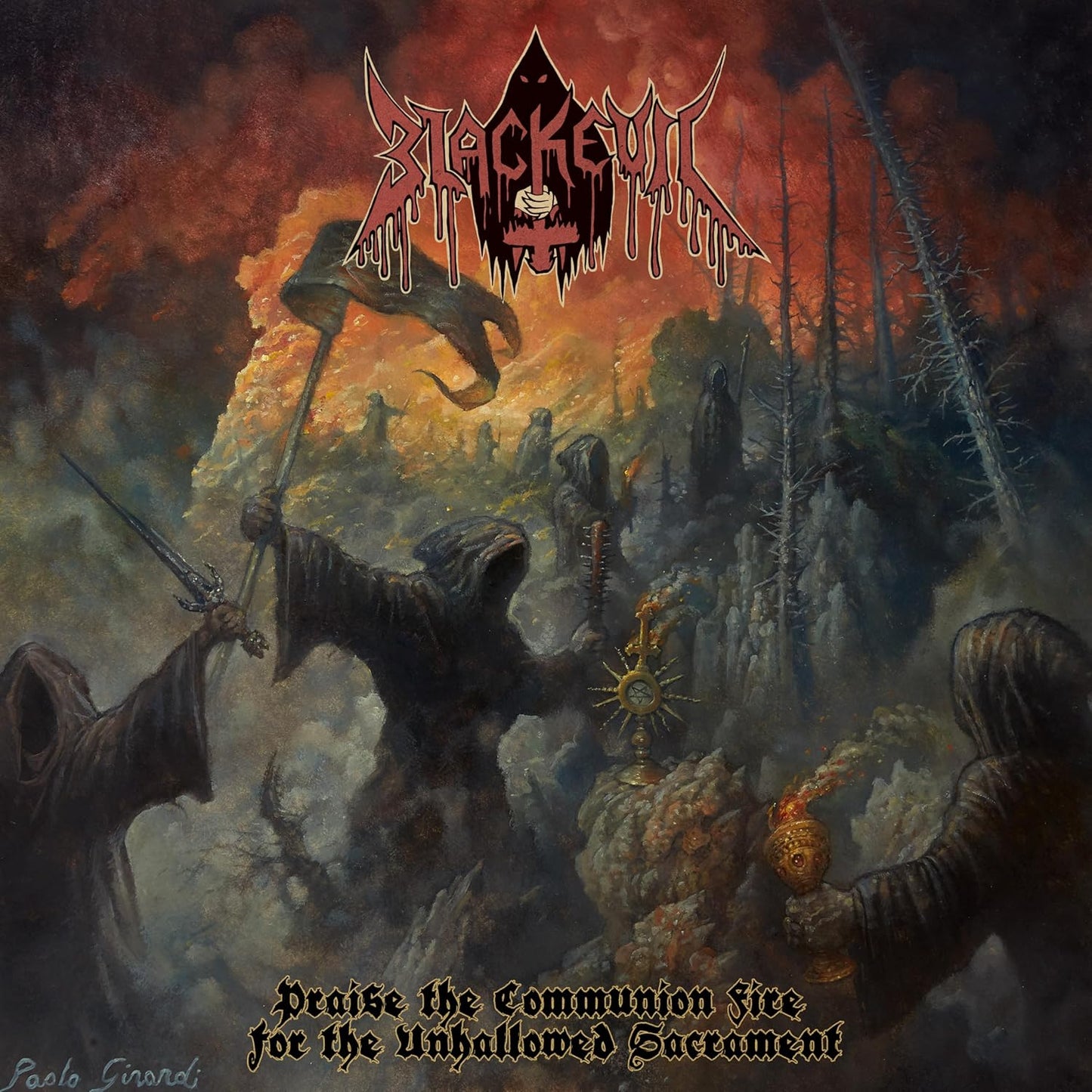 Hooded figures in a fiery, dark forest landscape with a monstrance and chalice.
