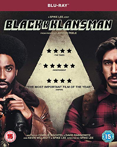 Blackkklansman" Blu-ray cover featuring portraits of John David Washington and Adam Driver.
