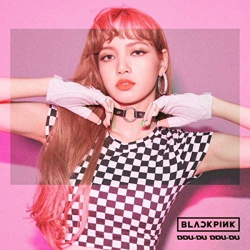Lisa of Blackpink poses with pink background, checkered top, and white gloves.