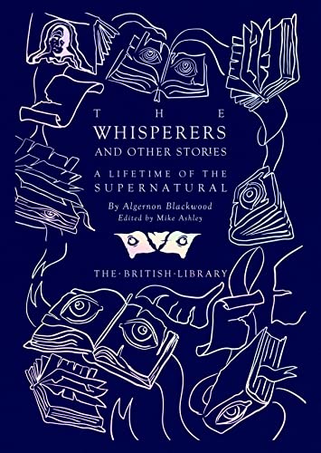 Dark blue book cover with white line art of eyes and books.
