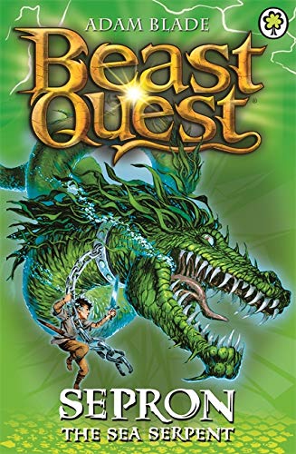 Book cover showing a boy fighting a large green sea serpent on a green background.