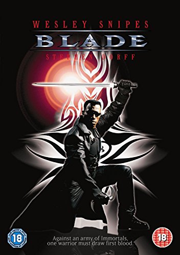 Wesley Snipes as Blade, holding a sword, against a dark, ornate background.