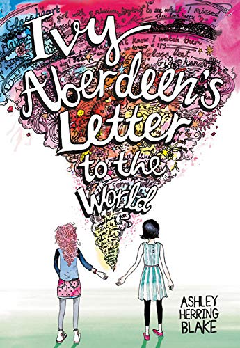 Book cover with illustrated title, two girls, and swirling colorful script.
