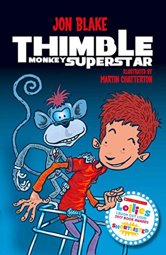 Book cover: boy with a robotic, blue monkey on a walker.