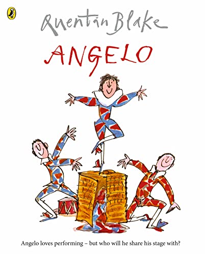 Book cover for "Angelo" featuring a whimsical illustration of performers.