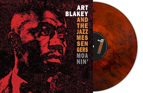 Art Blakey album cover and red marbled vinyl record shown.