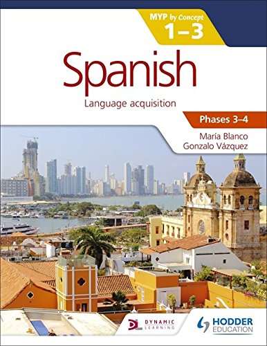 Spanish textbook cover with a cityscape of Cartagena, Colombia.