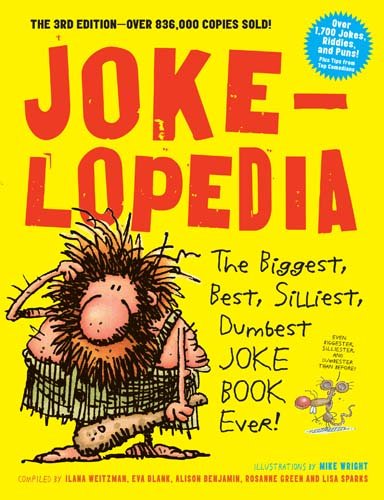Yellow cover of "Jokelopedia" with cartoon caveman illustration.