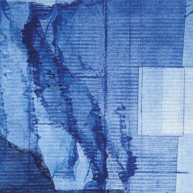 Abstract blue and white textured image, resembling distressed fabric.