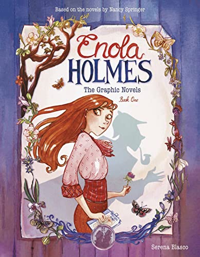 Enola Holmes graphic novel cover featuring a red-haired girl with a detective's shadow.