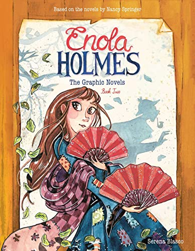 Book cover featuring Enola Holmes holding two red fans against a parchment background.
