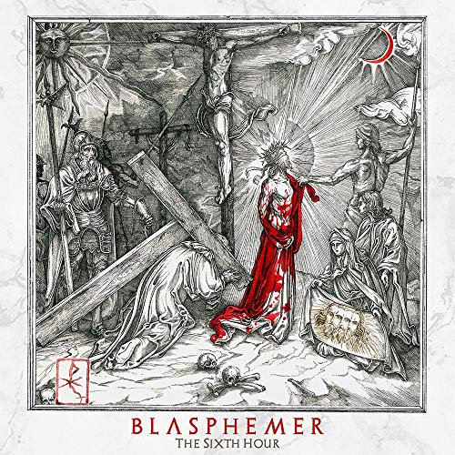 Black and white illustration of crucifixion scene with red accents, album cover.