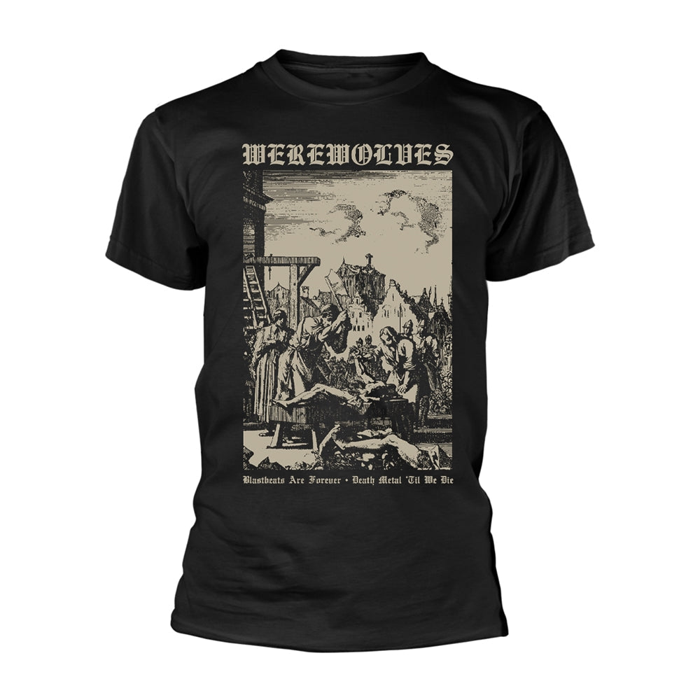 Black t-shirt with a detailed, vintage-style illustration of a medieval scene.