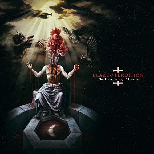 "Album cover art: woman on a throne with birds and red, cloudy sky."