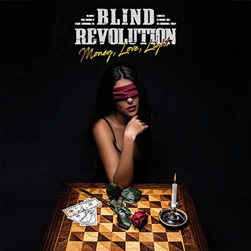 CD cover: blindfolded woman, chessboard, rose, money, and lit candle.
