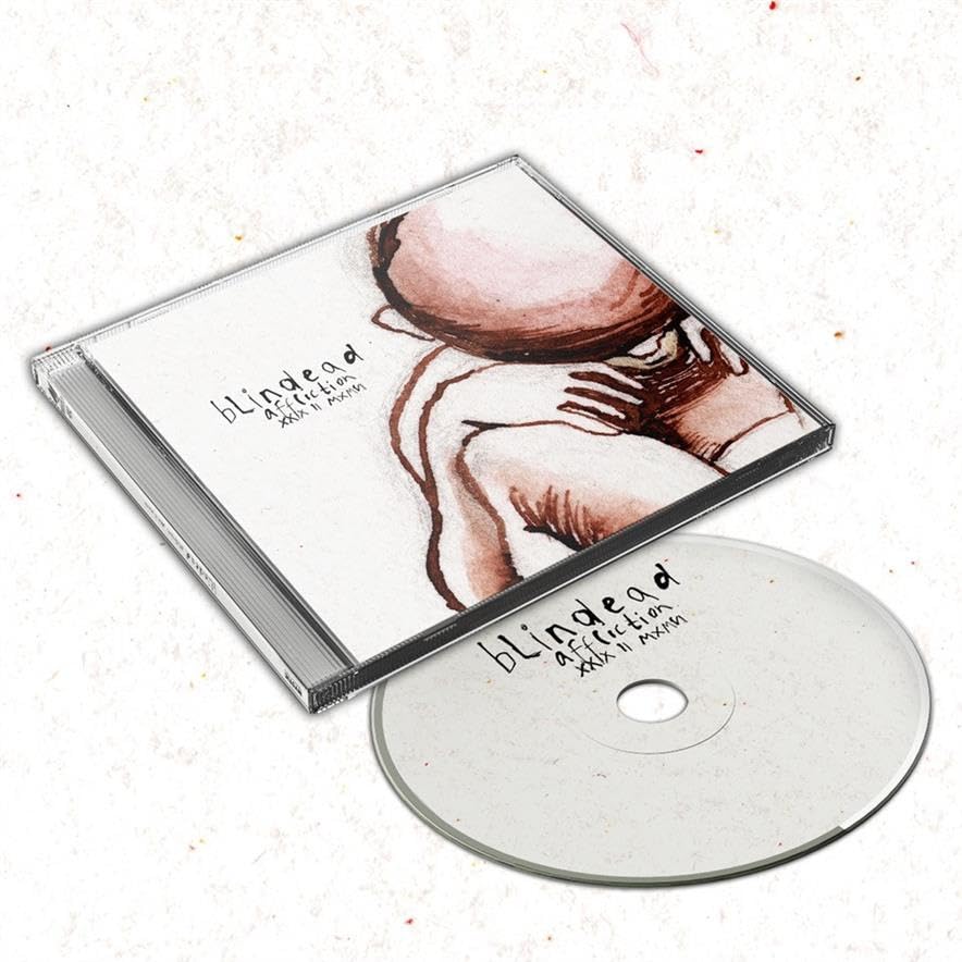 Black cassette and CD with a sketch of a head in hands.