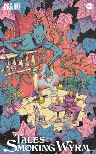 Blue, fantastical creature offering tea to a cloaked figure in a garden.