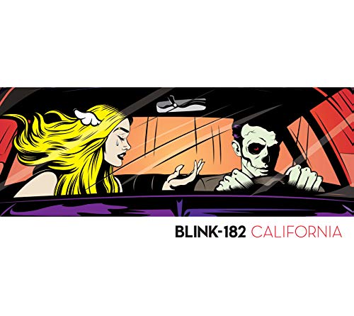 Blink-182 “California” CD cover: woman and skeleton in a car.