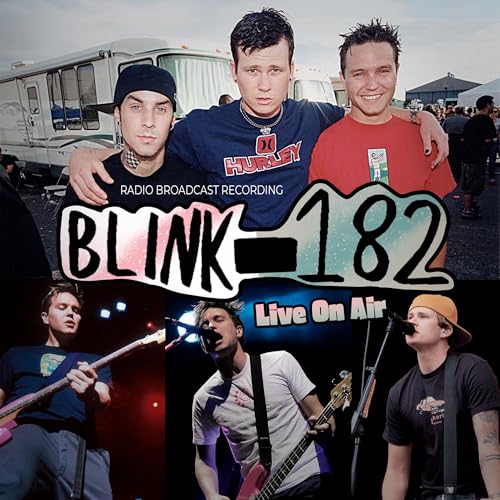 Blink-182 album cover featuring band members performing and in casual poses.