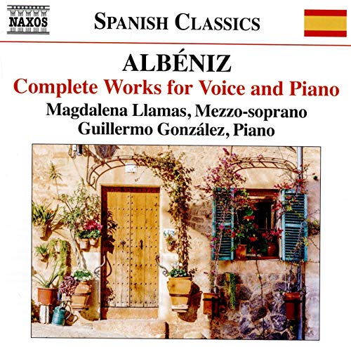 CD cover for Albéniz Complete Works for Voice and Piano with a rustic building facade.