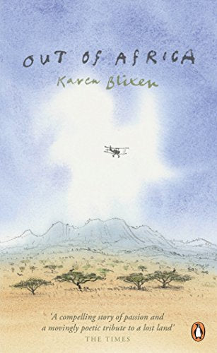 Book cover showing a biplane flying over an African landscape with mountains and trees.
