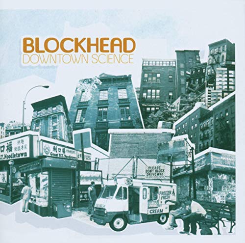 Blockhead album cover: cityscape collage with a white van and people.