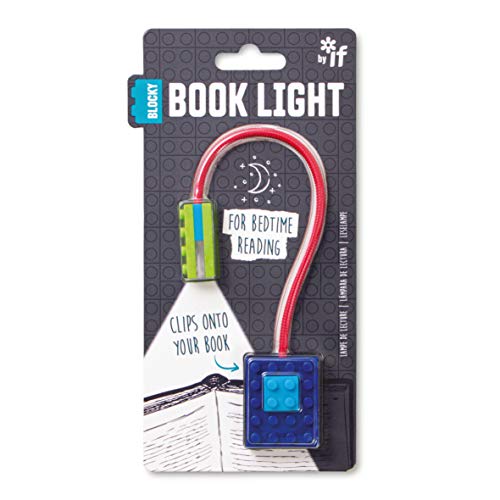 Blue block-shaped book light clipped onto an open book illustration.