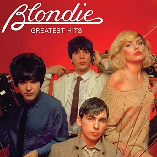 Blondie band members posed against a bright red background on the Greatest Hits cover.