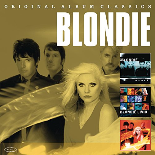 Blondie band members on a gold background with small album cover inserts.