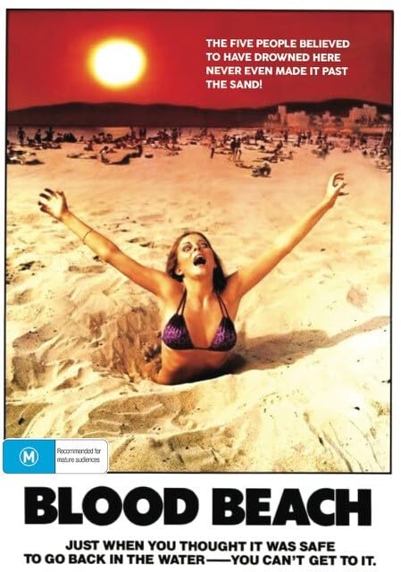 DVD cover for horror film "Blood Beach" with a beach scene and woman.