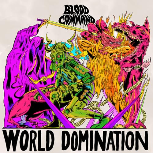 Stylized album cover featuring a warrior, dragons, and vibrant, chaotic imagery.