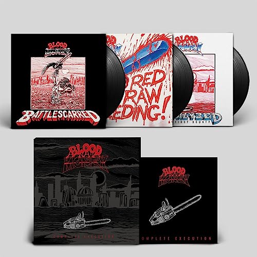 Vinyl records and album covers from Blood Money Complete Execution with illustrated horror themes.