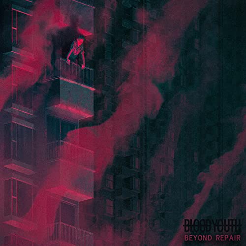 Person on a balcony of a tall, dark building, red smoke.