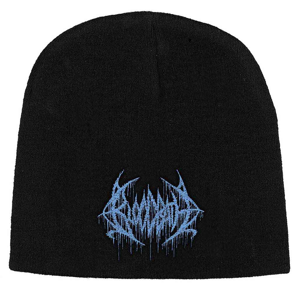 Black beanie hat featuring a white Bloodbath brand logo embroidered on the front cuff.