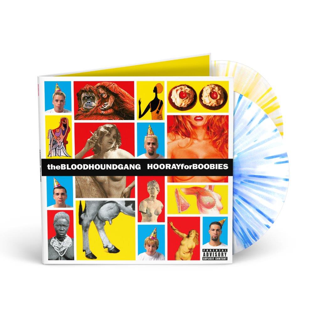 Album cover with collage of images and two colorful splattered vinyl records behind it.