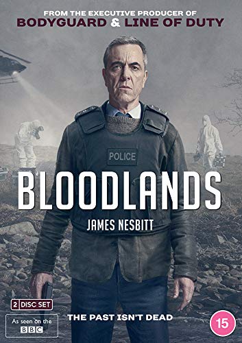 DVD cover for "Bloodlands" featuring James Nesbitt in a police vest, with forensic investigators in background.