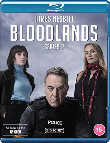 Blu-ray cover art for Bloodlands Series 2 featuring three actors against a cloudy background.