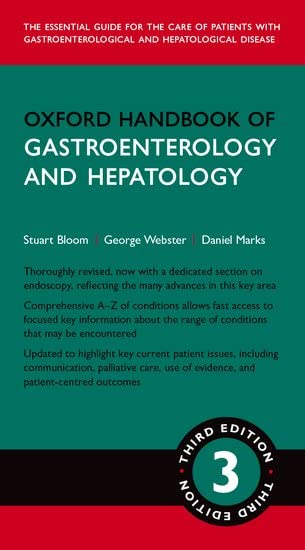 Dark teal medical handbook cover with white text: "Oxford Handbook of Gastroenterology and Hepatology.