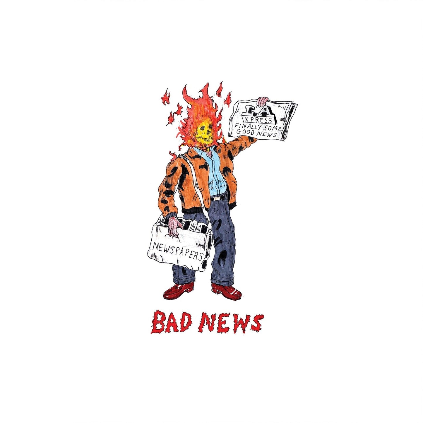 A flaming-headed figure in a jacket holds a newspaper labeled LA XPRESS.