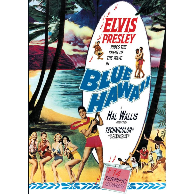 Blue Hawaii" DVD cover featuring Elvis Presley and beach imagery.