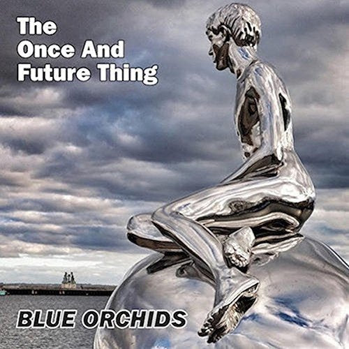 Silver statue of a seated man against a cloudy sky.