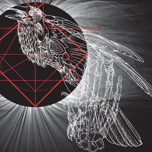 Black and white album cover with a raven, hand, and geometric shapes.