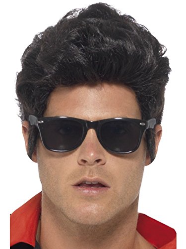 Black sunglasses and a dark, wavy wig on a man’s face.