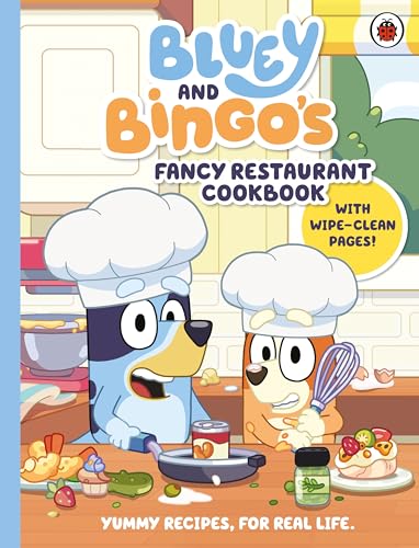 Bluey and Bingo in chef hats on a cookbook cover.