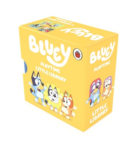 Yellow box set of "Bluey" books featuring cartoon dog characters.