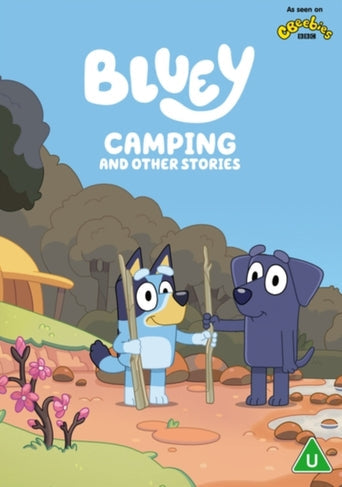 Bluey and Jean-Luc holding sticks in a forest on the Bluey Camping DVD cover.