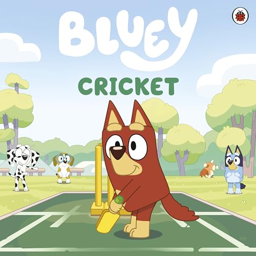 Bluey, a brown dog, holds a cricket bat on a green field.