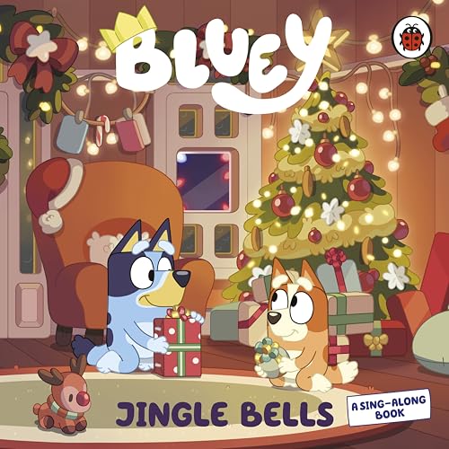Bluey and Bingo with gifts in front of a decorated Christmas tree.