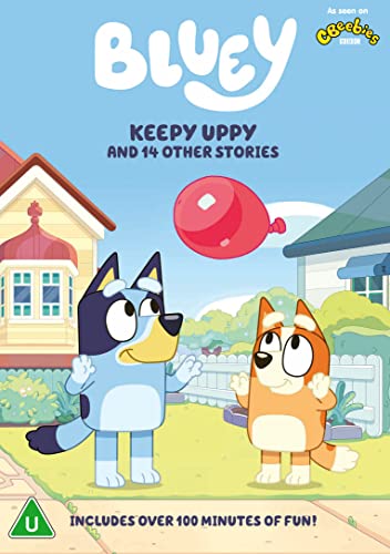 Bluey and Bingo with a red balloon on a "Keepy Uppy" DVD cover.