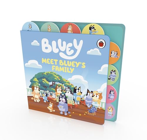 Bluey" tabbed board book cover featuring the Heeler family in a park.